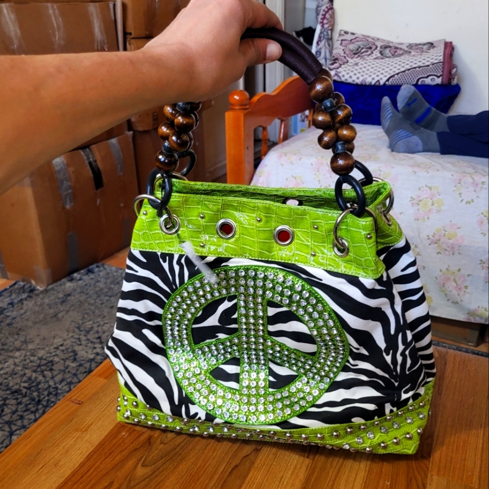 NWT HANANEL Zebra Print Shoulder Bag with Green Peace Sign